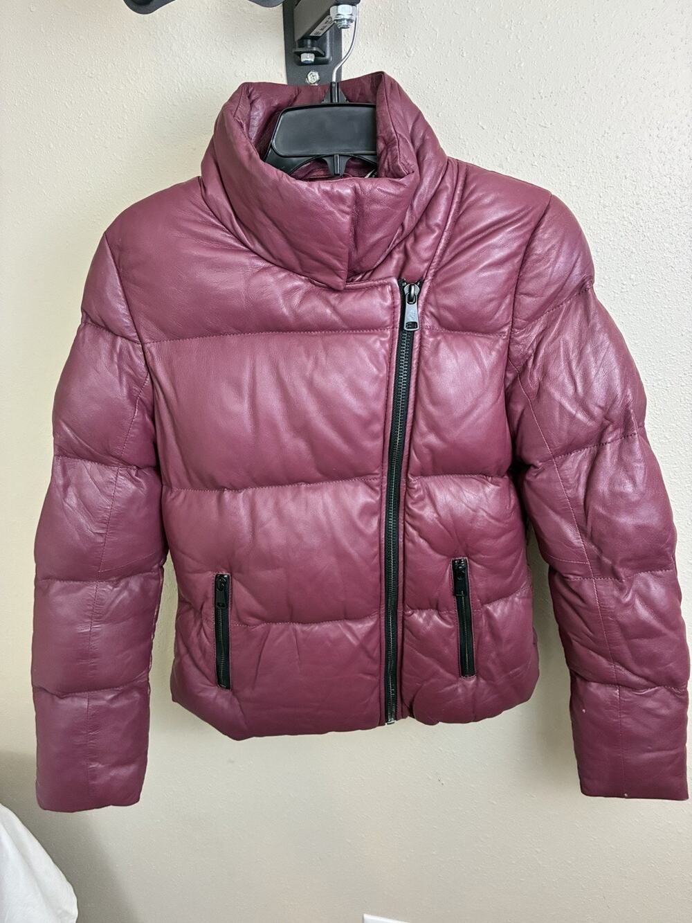 Bod & Christensen Leather Puffer Jacket Red Asymmetrical Zip Sorona Medium